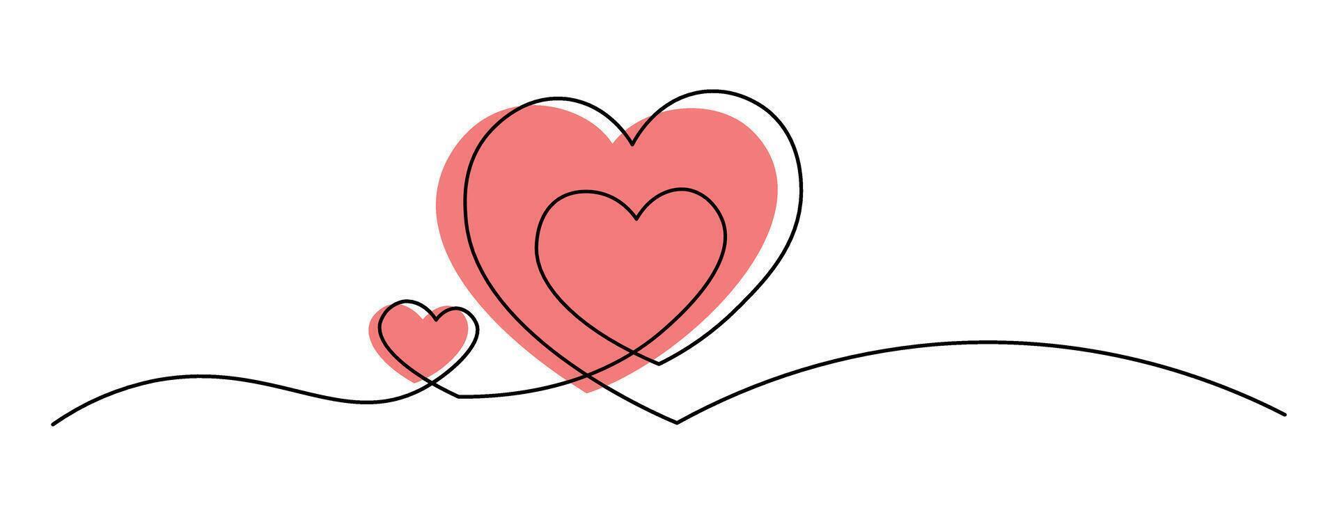 Continuous one line drawing of a heart within another heart, featuring soft pink shapes. Ideal for Valentines Day projects, romantic cards, and modern graphic designs. Editable stroke vector