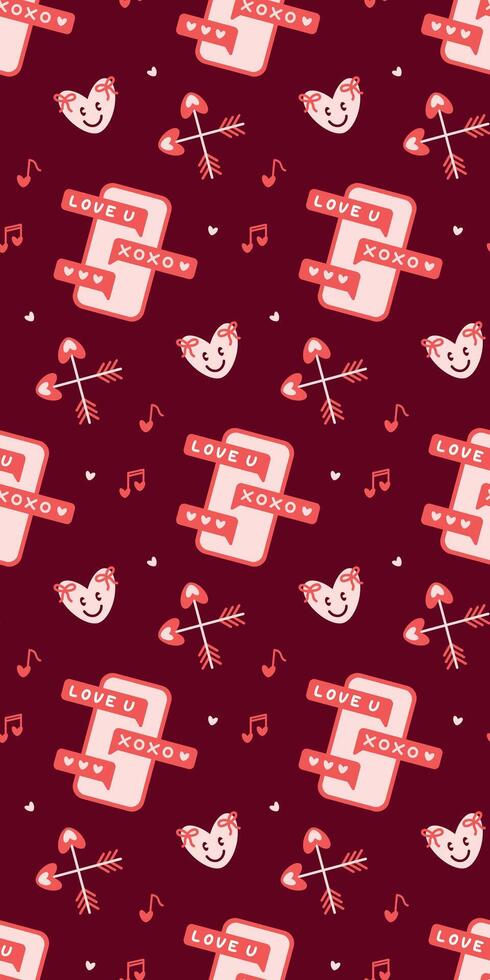 Romantic Messaging Pattern with Hearts, Arrows, and Text Messages on Burgundy Valentines Day seamless pattern Vertical social media stories reels design element, 14 February and anniversary poster vector
