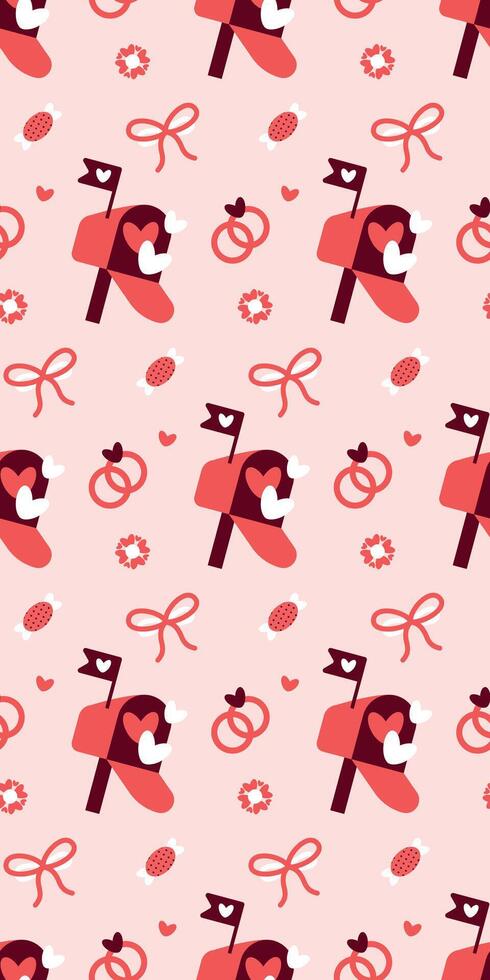 Whimsical Valentines Pattern with Mailboxes, Rings, and Candy Valentines Day seamless pattern Vertical social media stories reels design element, 14 February and anniversary. Vertical poster vector