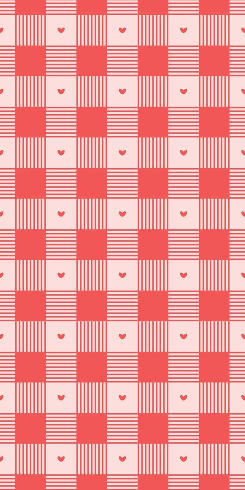 Striped Gingham Pattern with Hearts in Coral and Pink Valentines Day seamless pattern Vertical social media stories reels design element, 14 February and anniversary. Vertical poster vector
