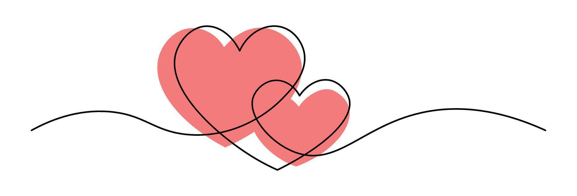 Two interconnected hearts in continuous one line drawing style on a flowing black line. Perfect for Valentines Day, romantic celebrations, and minimalist love-themed designs. Editable stroke vector