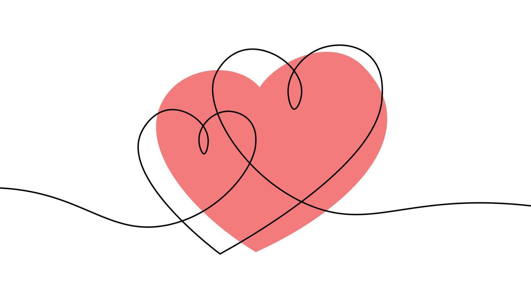 Elegant minimalist Valentines Day banner with continuous one line drawing of two hearts intertwined over a pink background. Perfect for love-themed designs, romantic events, and holiday greetings. vector