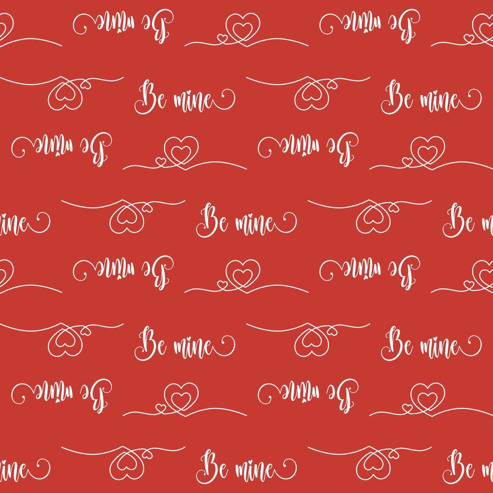 Romantic red seamless pattern with Be Mine cursive text, intertwined hearts, and decorative swirls in white. Endless texture for textile, wallpaper, wrapping paper, fabric, packaging Valentine's Day vector