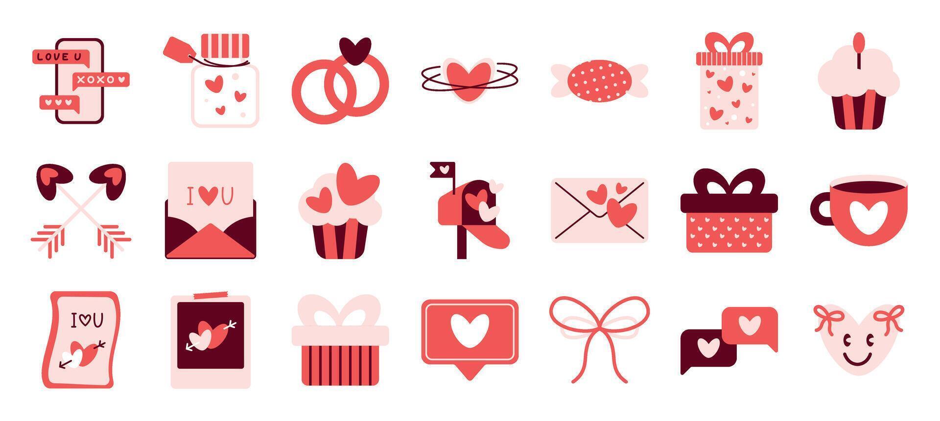 Valentine's Day icon set, love wedding anniversary illustration collection. Scrapbooking elements for valentines day. Valentines day stickers pack for daily planner, diary. Valentine's day sticker vector