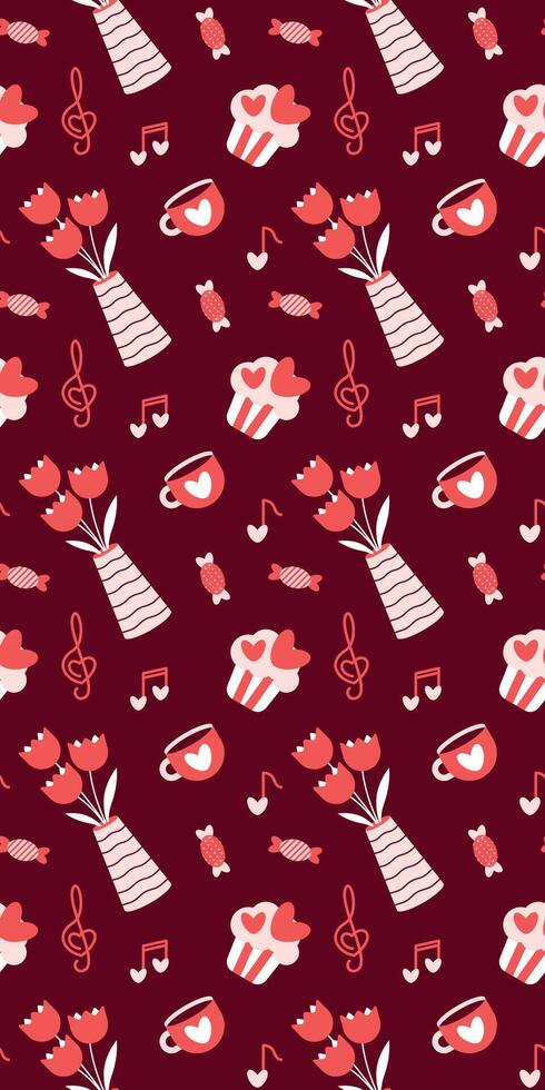 Cozy Romantic Pattern with Tulips, Cupcakes, and Musical Notes on Burgundy Valentines Day seamless pattern Vertical social media stories reels design element, 14 February, anniversary. Vertical poster vector