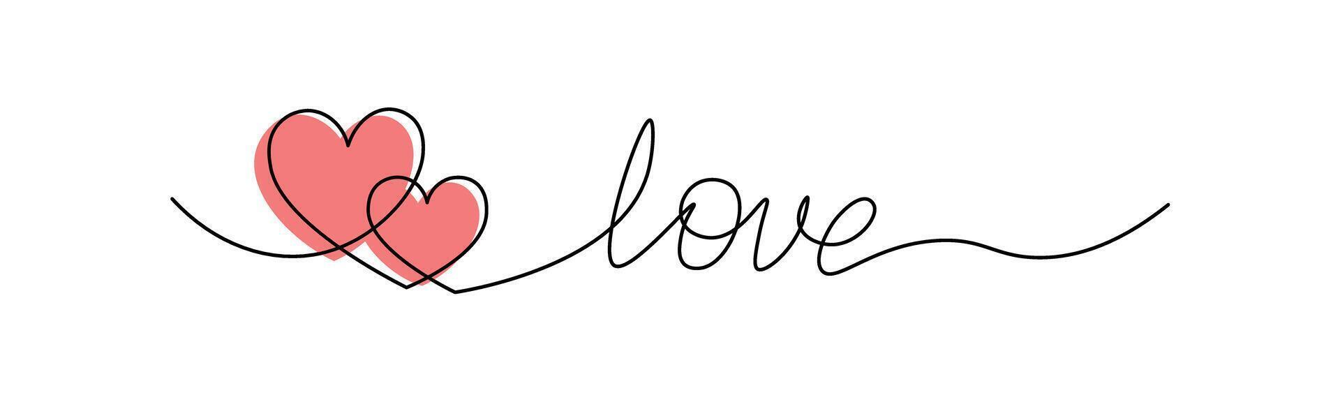 Elegant love typography in continuous one line drawing style with pink hearts. Perfect for Valentines Day graphics, wedding designs, and romantic-themed artwork. Editable stroke vector
