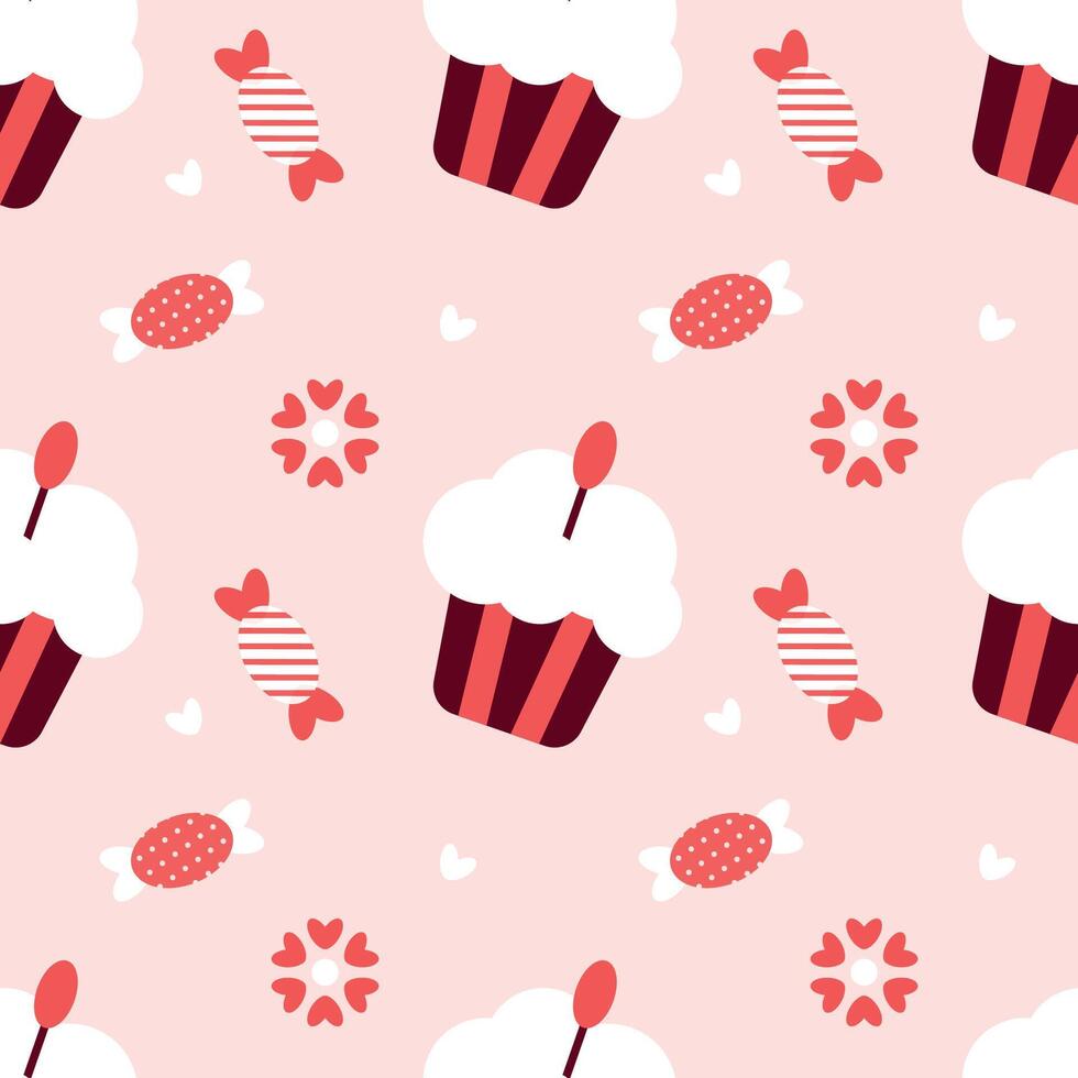 Playful Cupcake and Candy Pattern on Soft Pink Valentines Day seamless pattern Square backdrop, wedding, packaging, wrapping paper, wallpaper, fabric, textile, holiday template vector