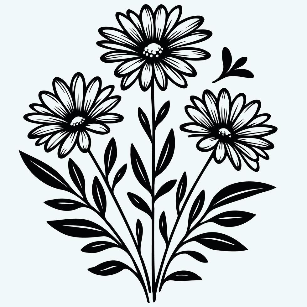 A black and white drawing of flowers, We sketch weeds, grasses, flowers and cereals. Design of trendy elements. A collection of hand-drawn flowers and herbs. Daisies vector