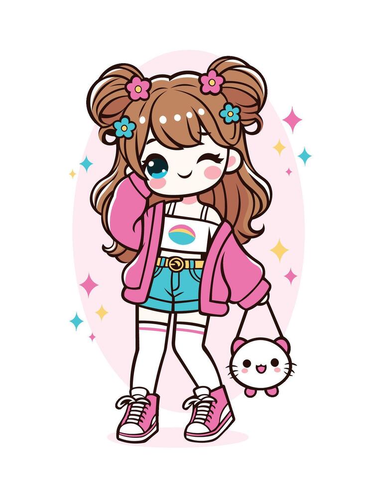 Kawaii Fashion Girl With Cat Bag vector