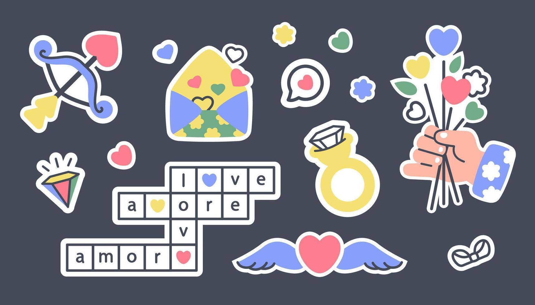 Set of modern love stickers. Valentine's Day label. Hand drawn Doodle Valentine elements. Human hand holding flowers. Romantic message, Crossword puzzle, ring, cupid arrow, hearts. illustration vector