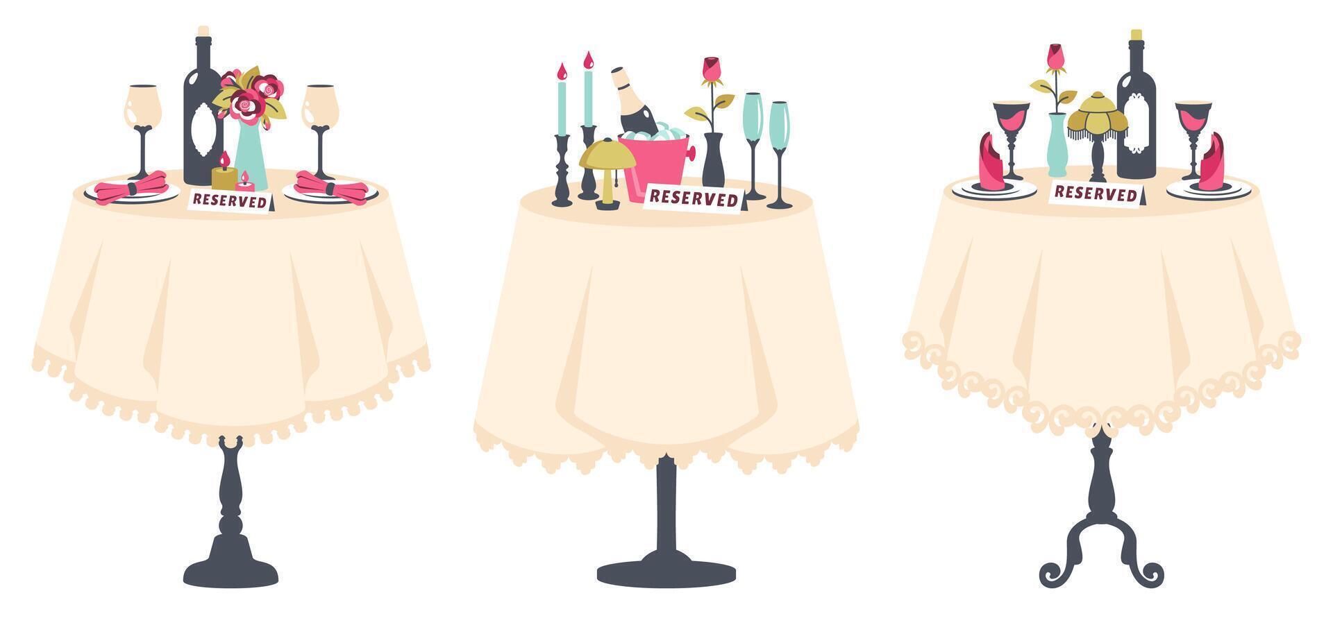 Set of reserved tables for two. Elegant romantic dinner. Table with tablecloth, cutlery, glasses, champagne, flowers, wine, candles in candlesticks. Romantic setting. Valentine template. vector