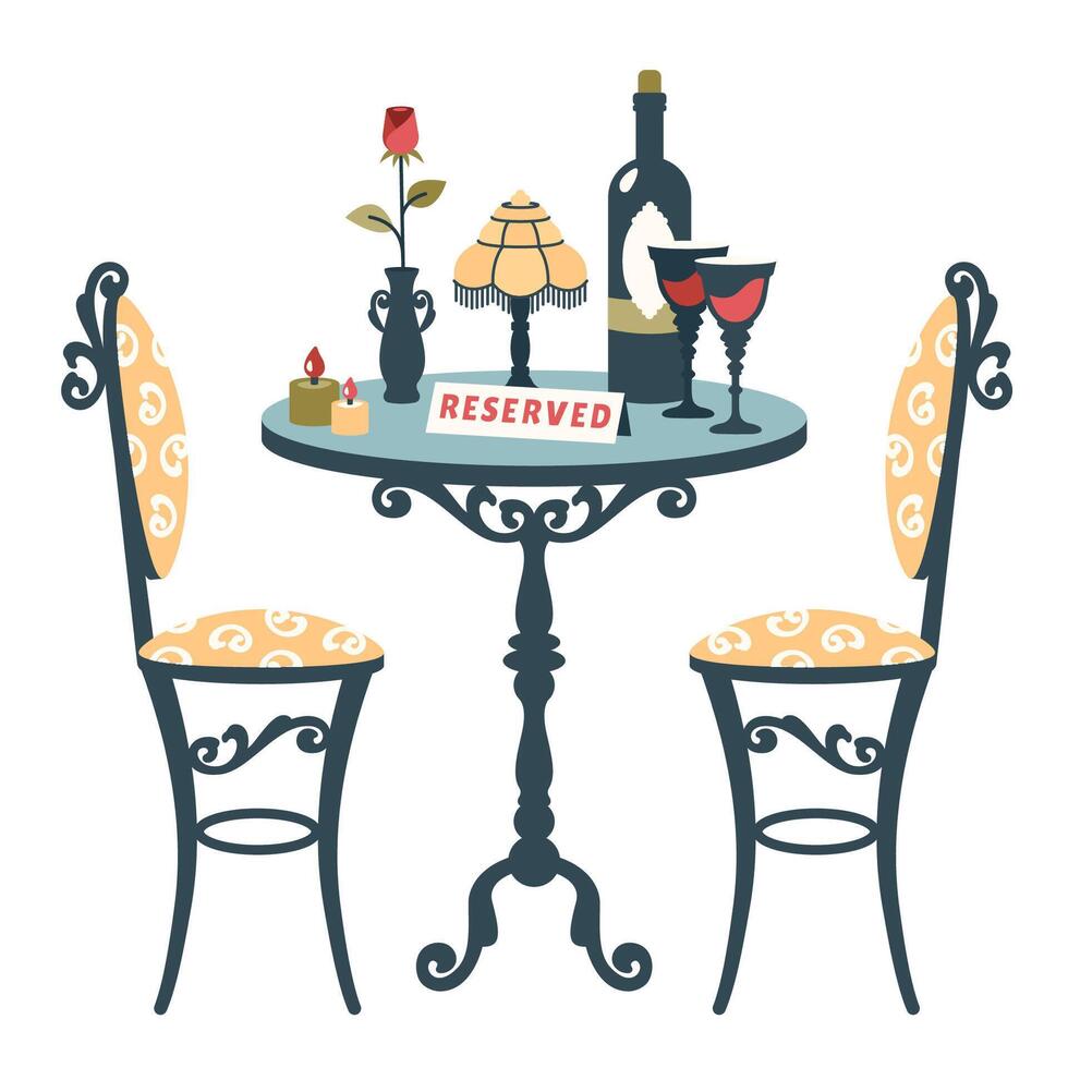 Romantic dinner. Valentine table. Vintage table and chairs with Romantic setting. Restaurant reservation. Table for two with bottle of wine, lamp, glasses, rose, candles. flat illustration vector
