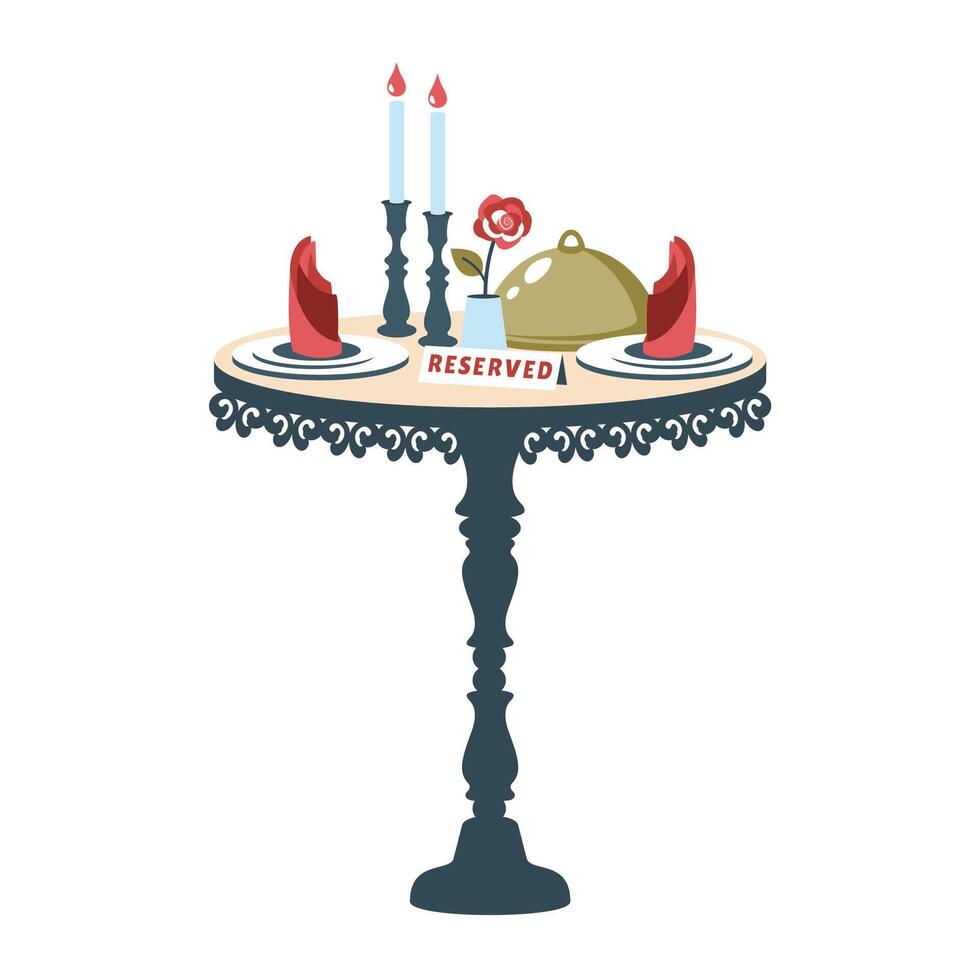 Romantic table restaurant isolated. Vintage table with romantic dinner. Festive table setting. Reserved table for two with bottle of wine, lamp, glasses, rose, cutlery. flat illustration vector