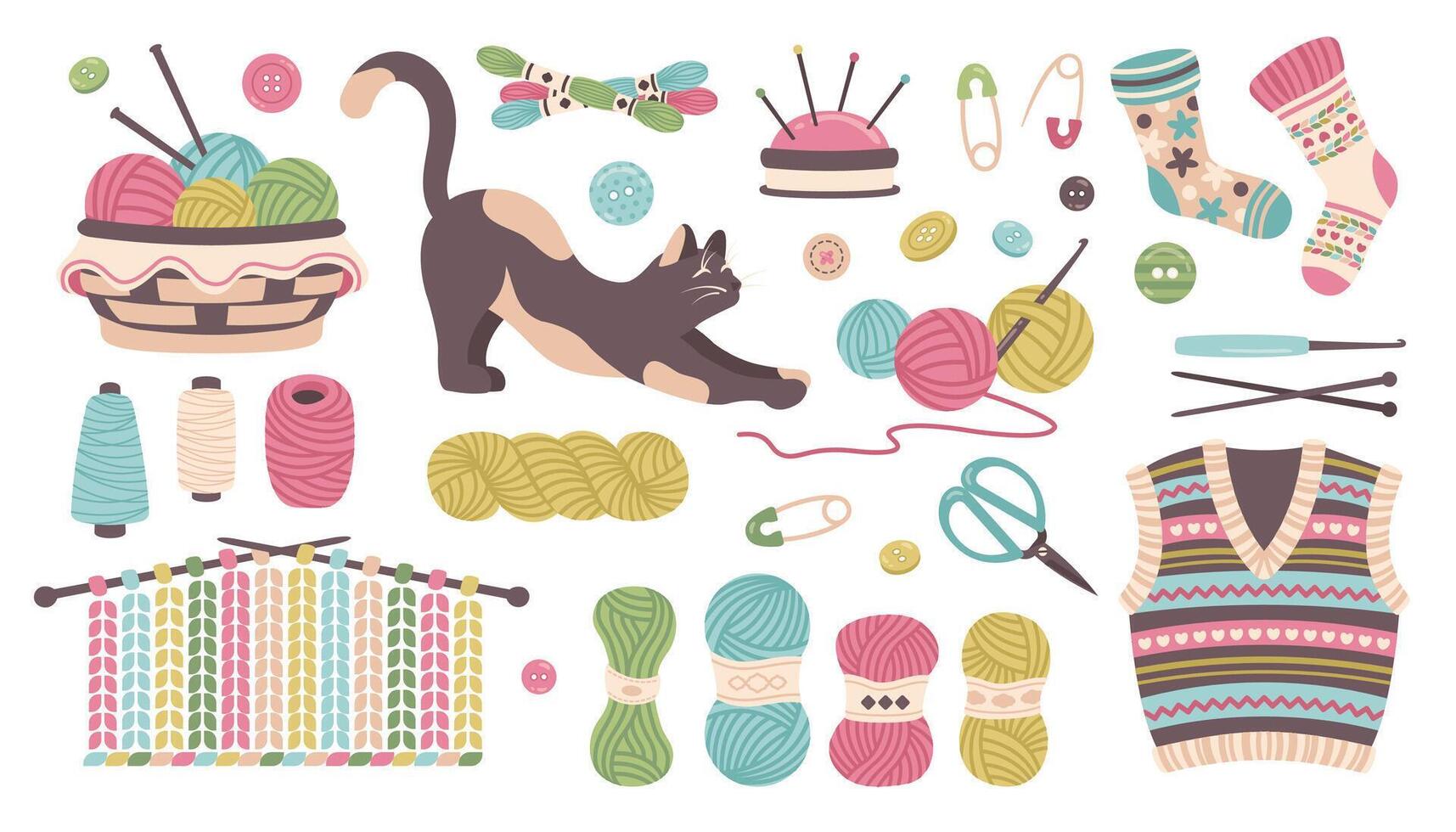 Knitting set. Hand drawn doodle Knitting tools, sewing accessories. Yarn and threads, knitting needles, cat, wool ball, buttons, scissors, waistcoat, socks, basket, hook, pins. Needlework. vector