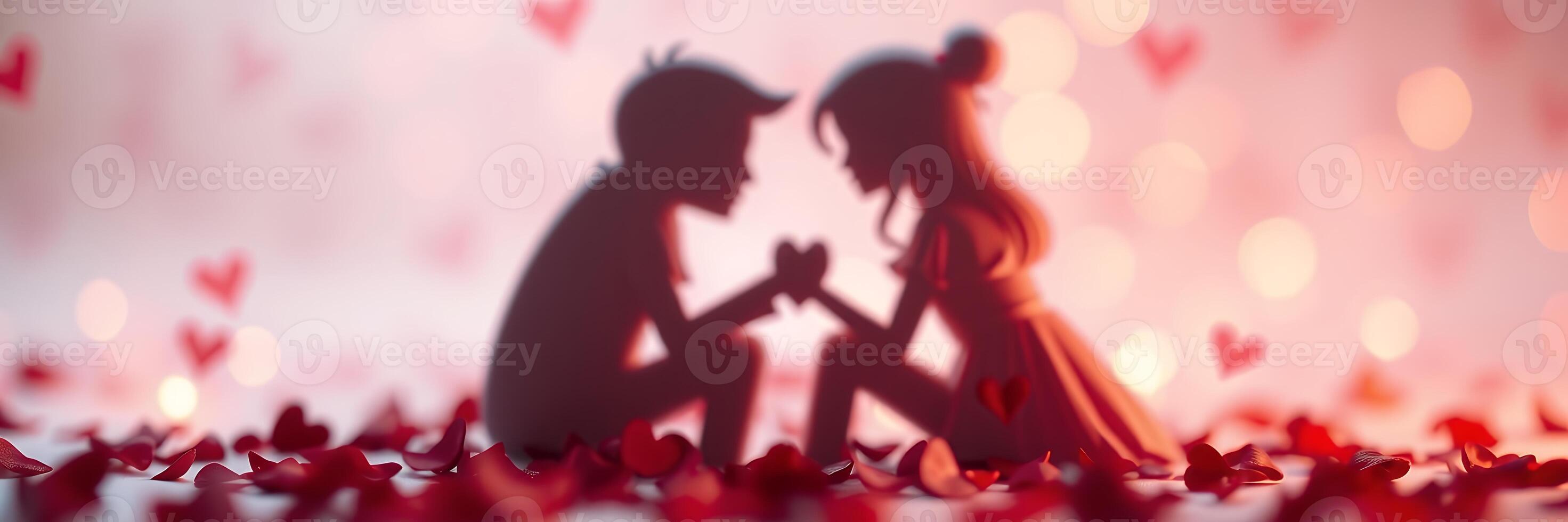 Silhouette Couple Sharing Heart Amidst Red Petals Romantic Background photo