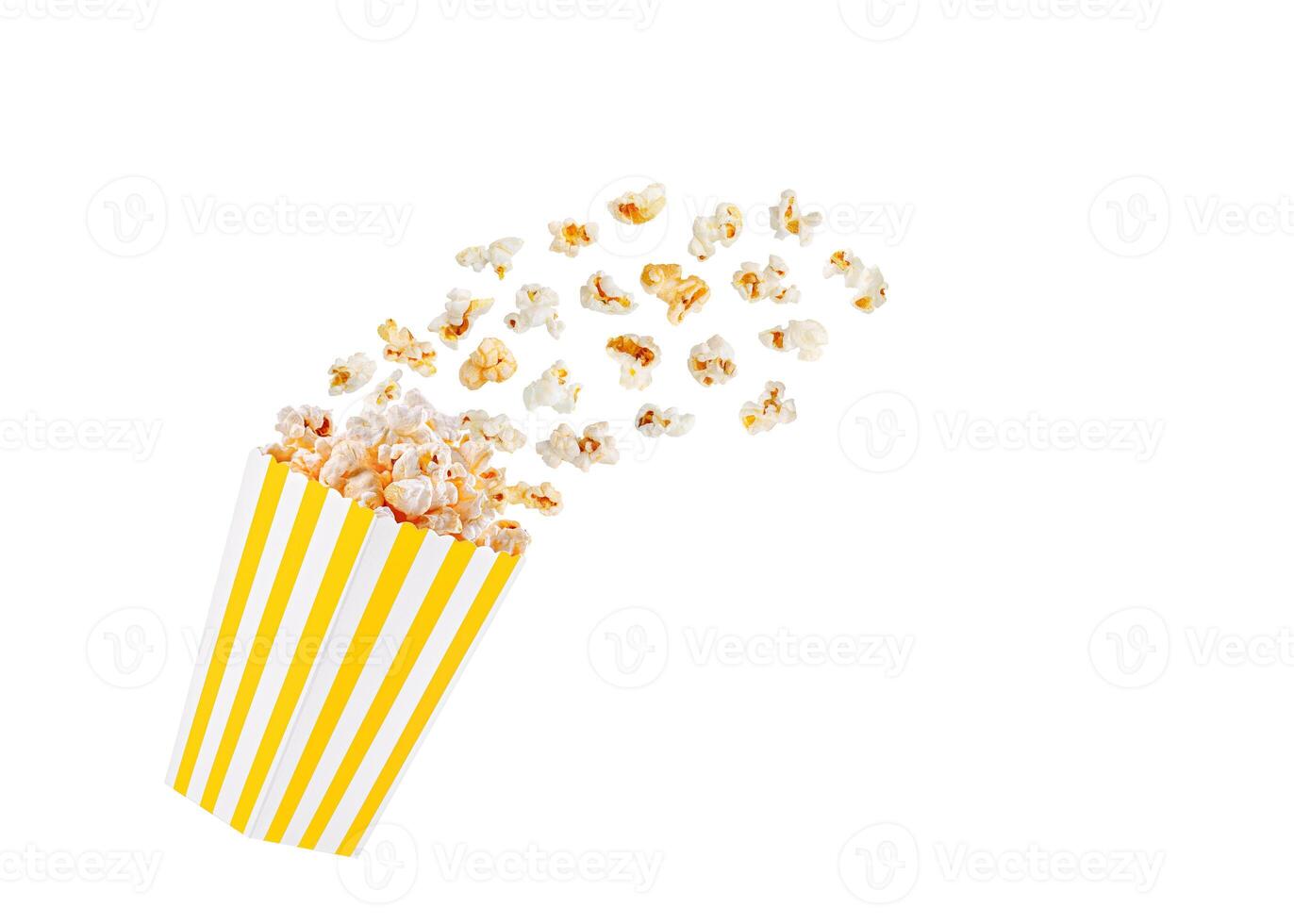 box yellow with popcorn in flight on a white transparent background photo