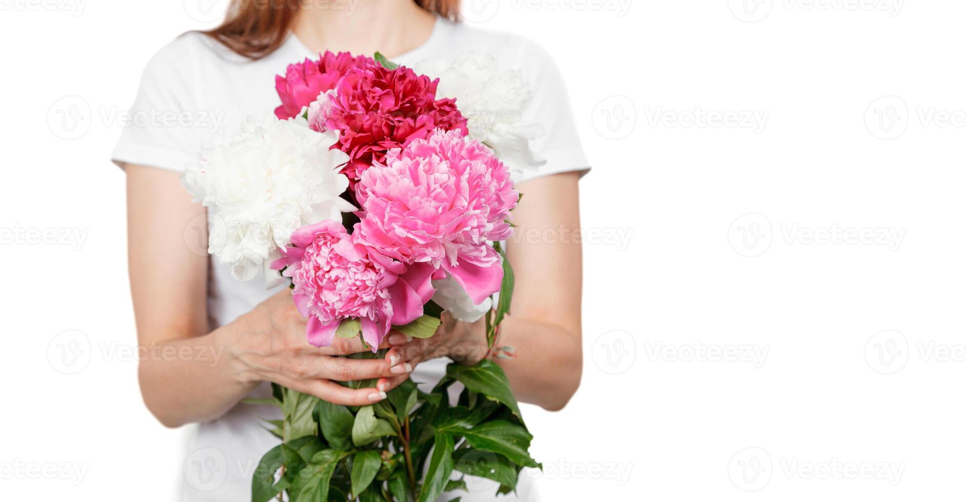 beautiful peonies in the hands of a girl on a white background photo