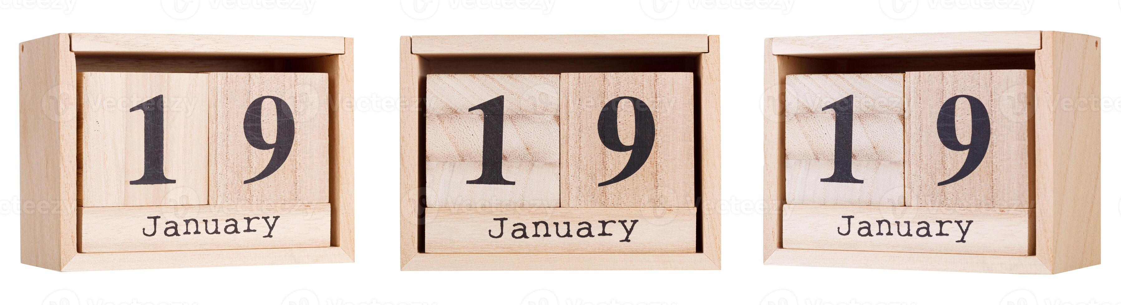 Wooden calendar, a set of dates of the month 19 January, on a white and transparent background photo