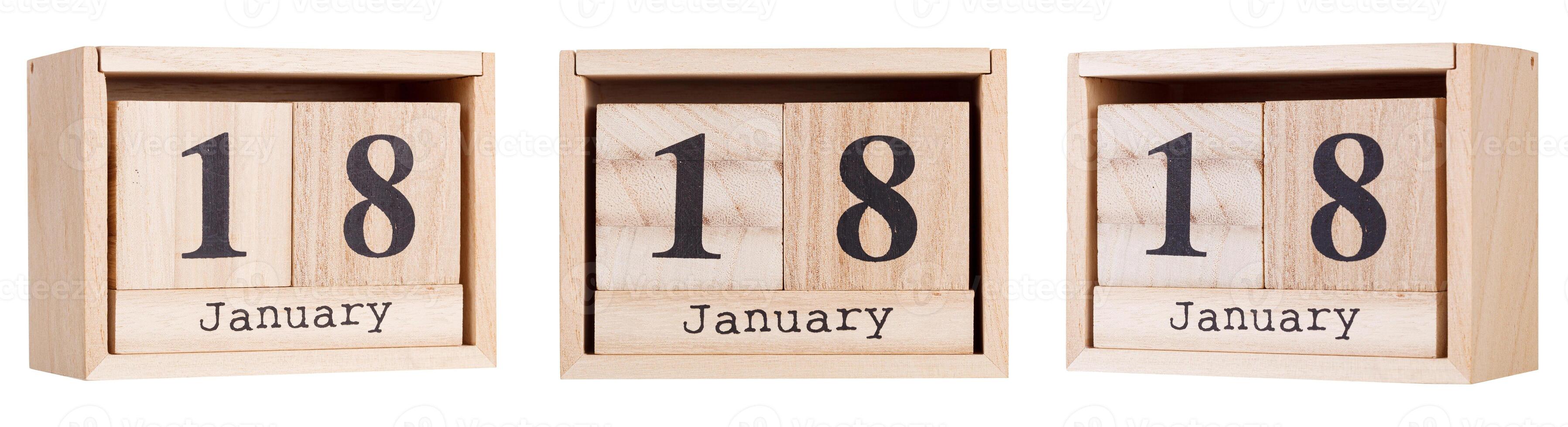 Wooden calendar, a set of dates of the month 18 January, on a white and transparent background photo