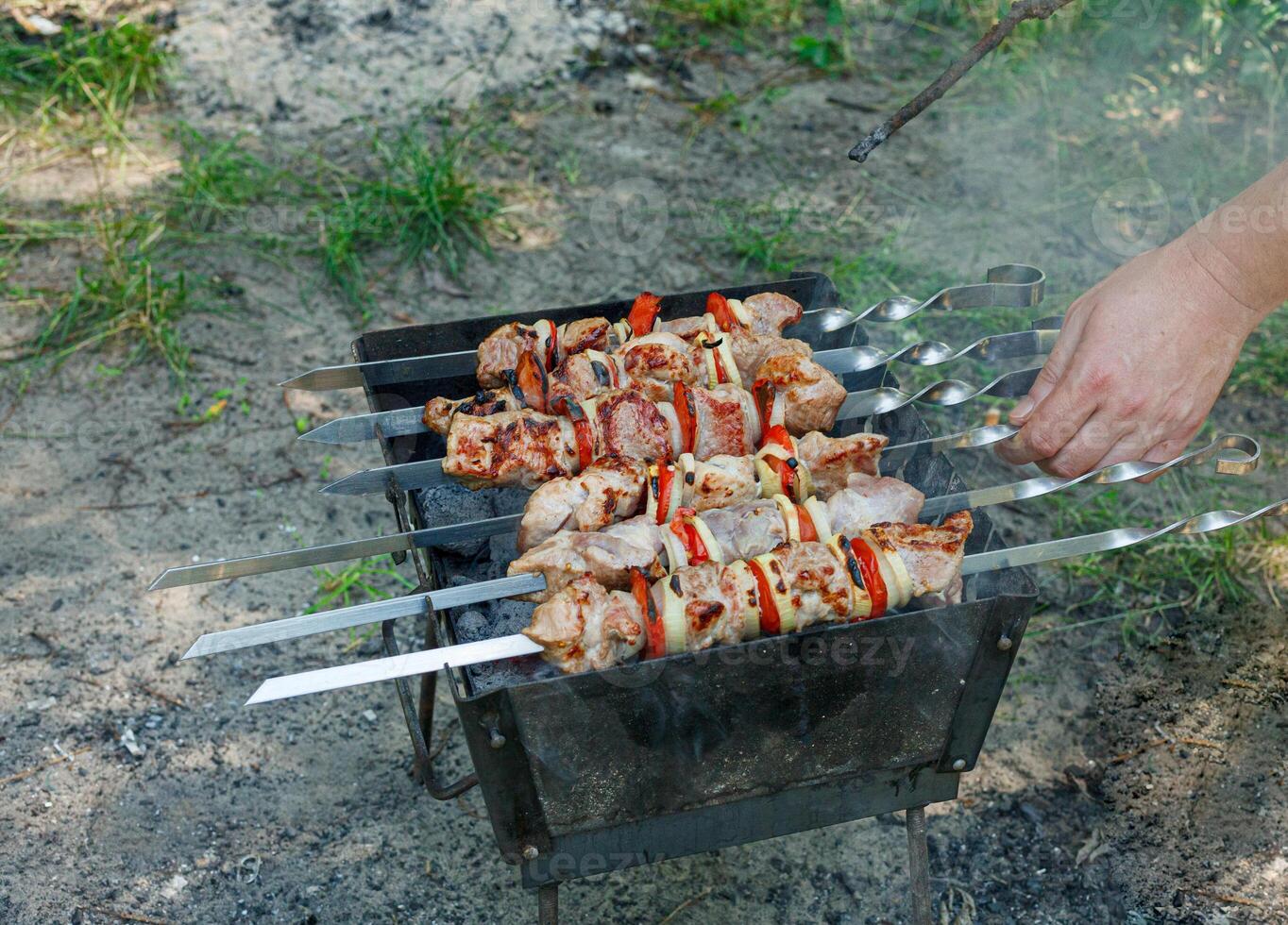 Cooking barbecue with vegetables on skewers. Roasted meat on the grill photo