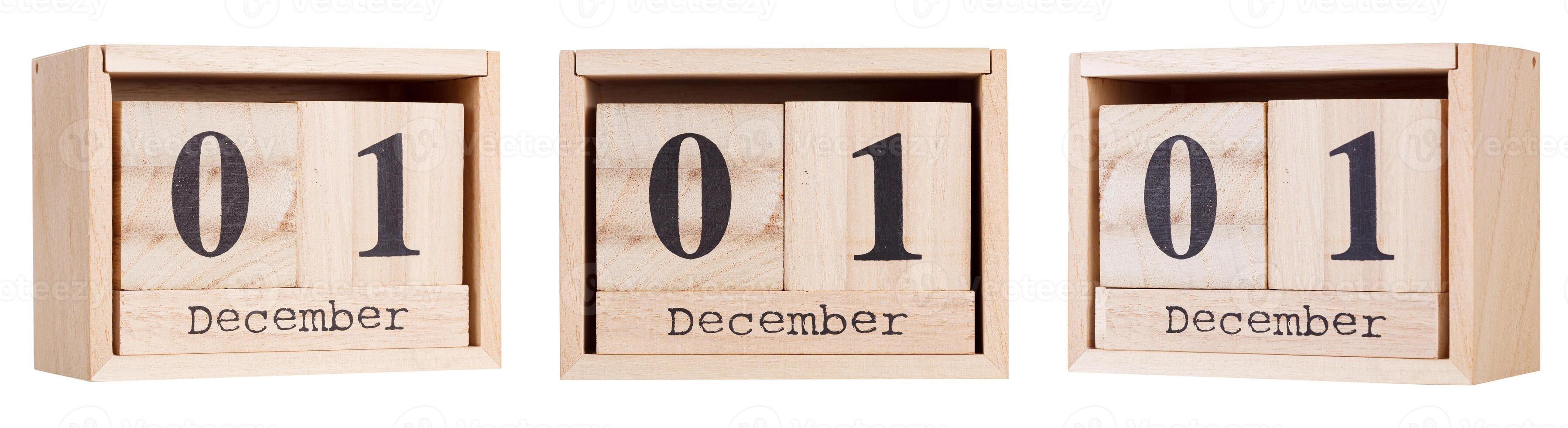 Wooden calendar, a set of dates of the month 01 December, on a white and transparent background photo