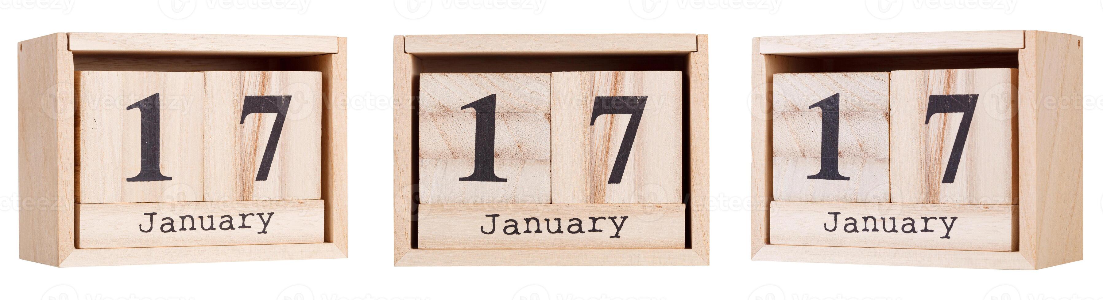 Wooden calendar, a set of dates of the month 17 January, on a white and transparent background photo