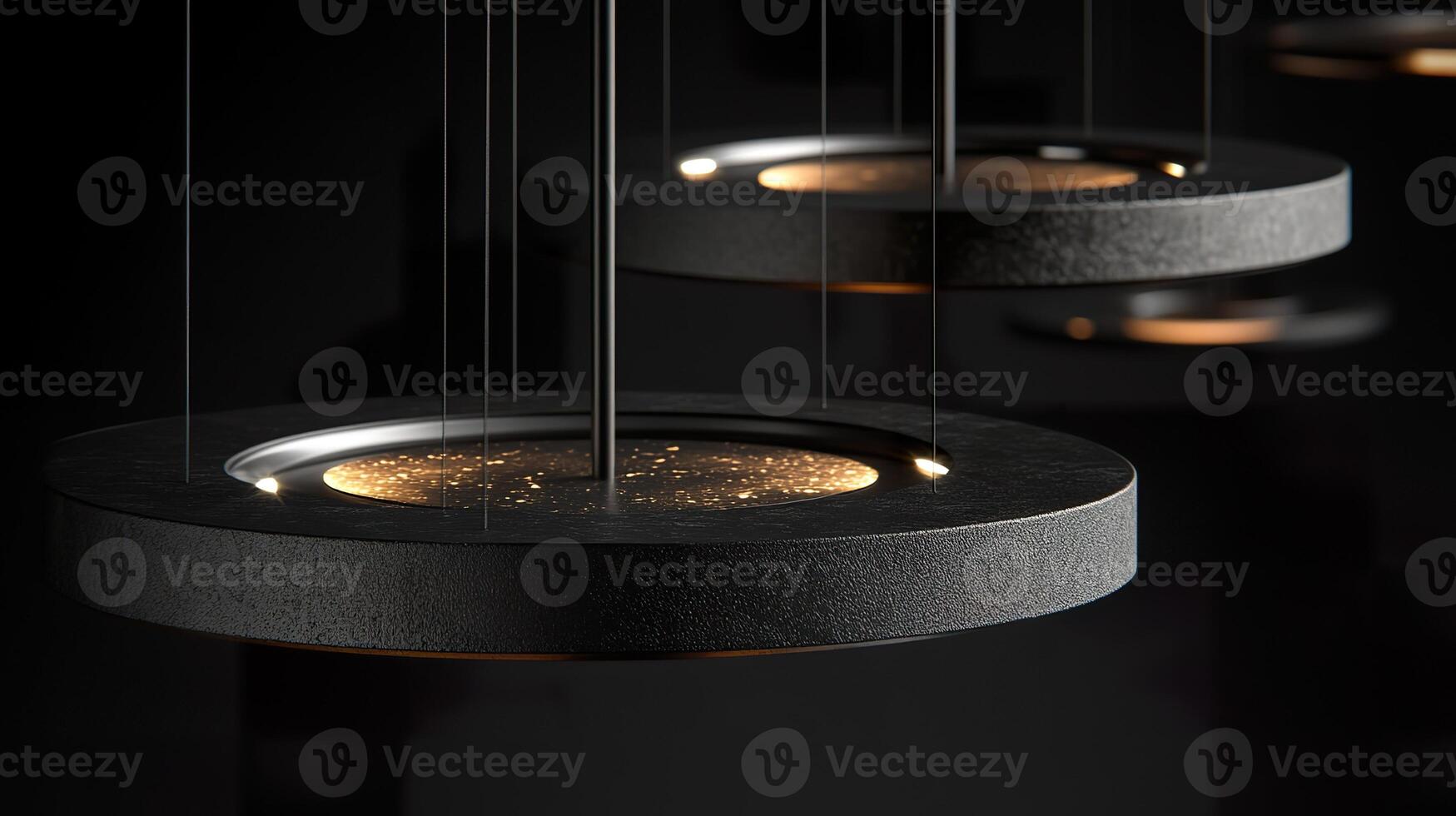 Modern circular pendant light fixtures with soft illuminated interiors. photo