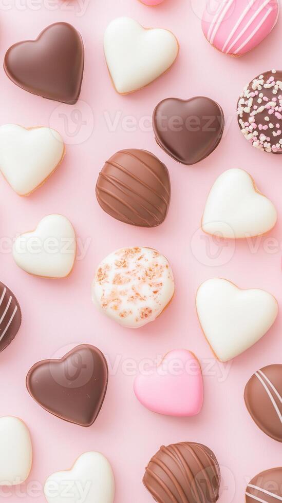 Assorted heart-shaped chocolates on pink background. photo