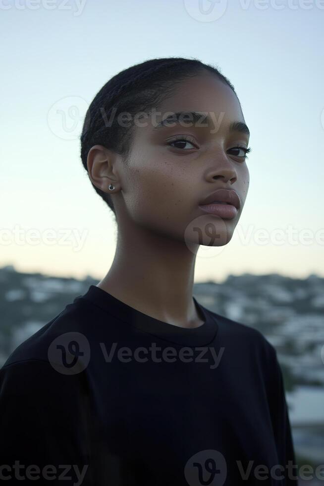 Confident young african female in urban setting at dusk. photo