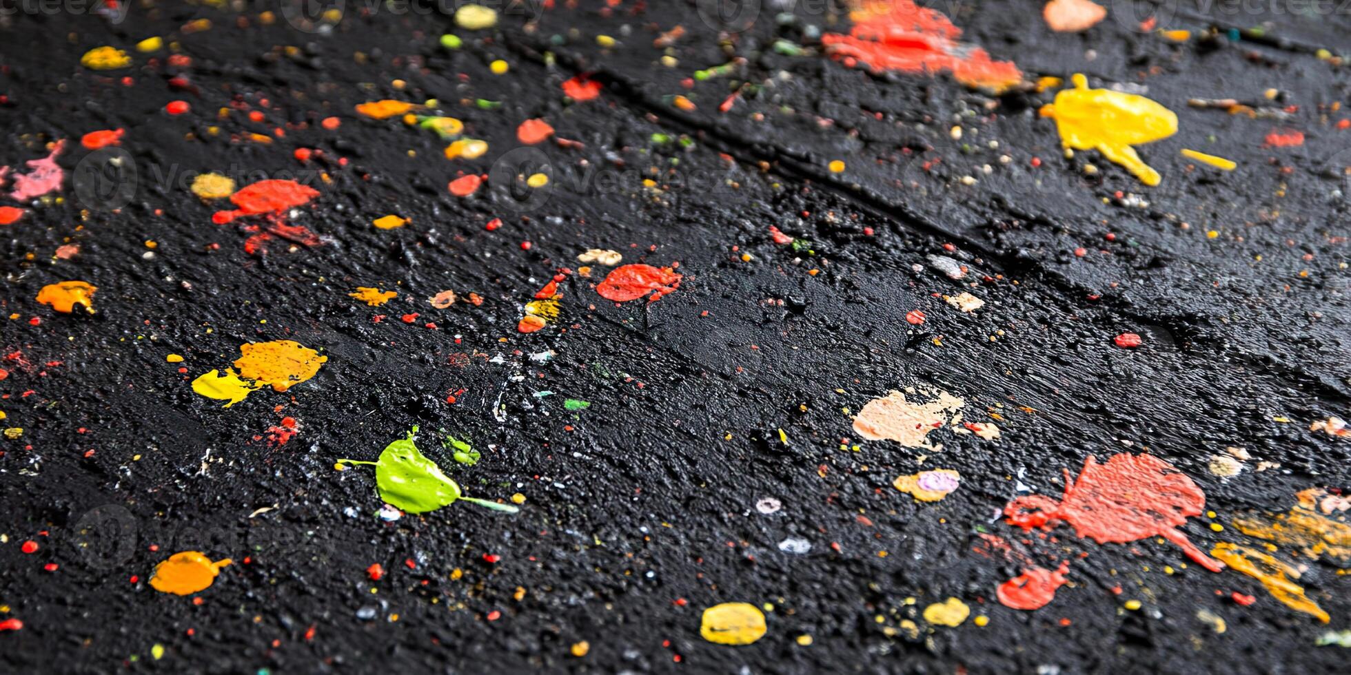 Colorful paint splatters on rough black surface. photo