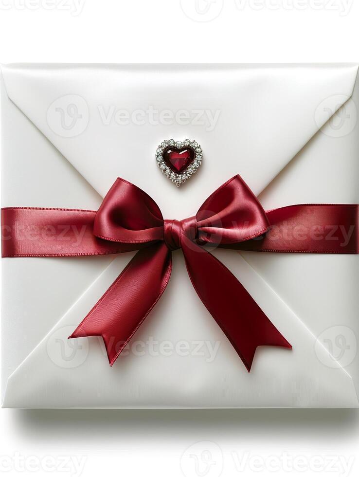 Elegant gift box with red bow and heart-shaped jewel on white background. photo