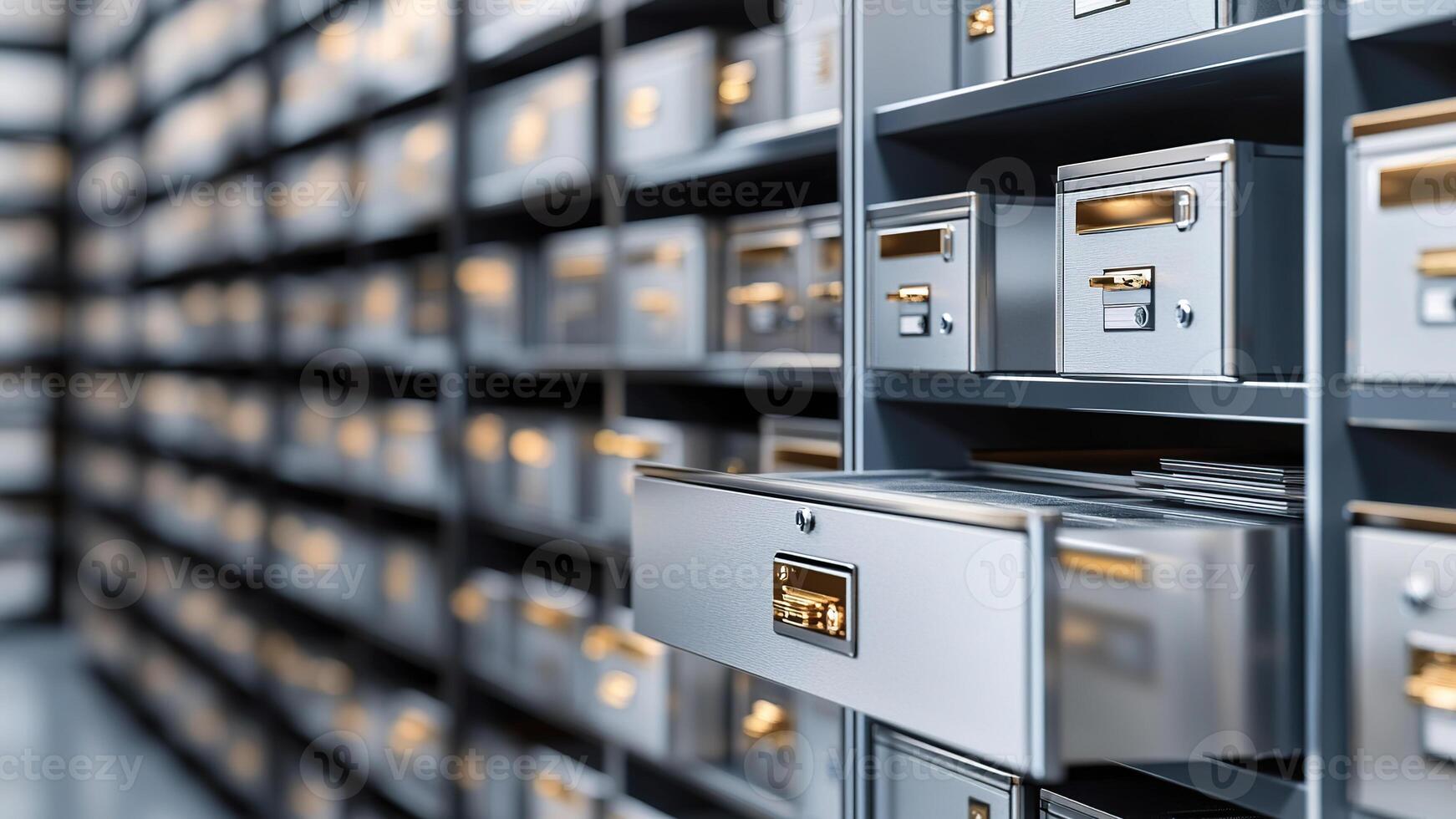 Detailed view of a bank vault showcasing organized safe deposit boxes for secure storage. photo