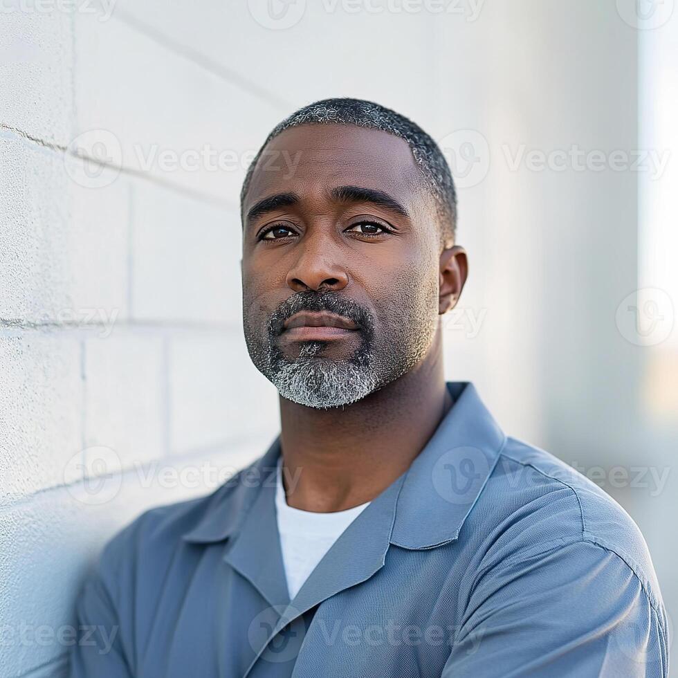 Male prison inmate in uniform poses with arms crossed in front of white wall. photo