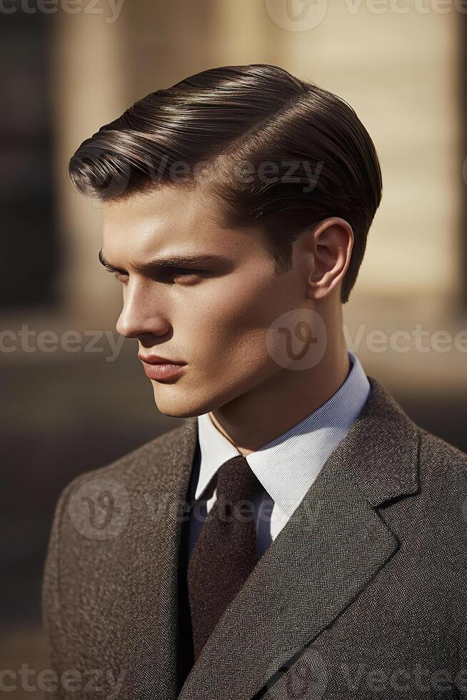 Timeless male portrait with classic side part hairstyle in elegant attire. photo