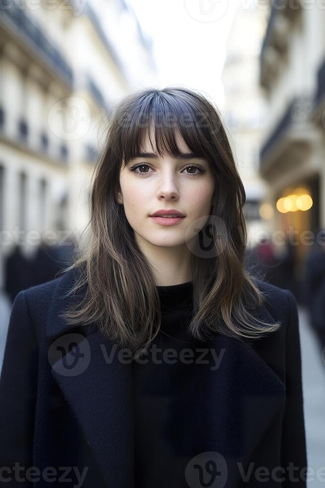 French woman with long hair and bangs gazes calmly in a bustling city street full of people photo