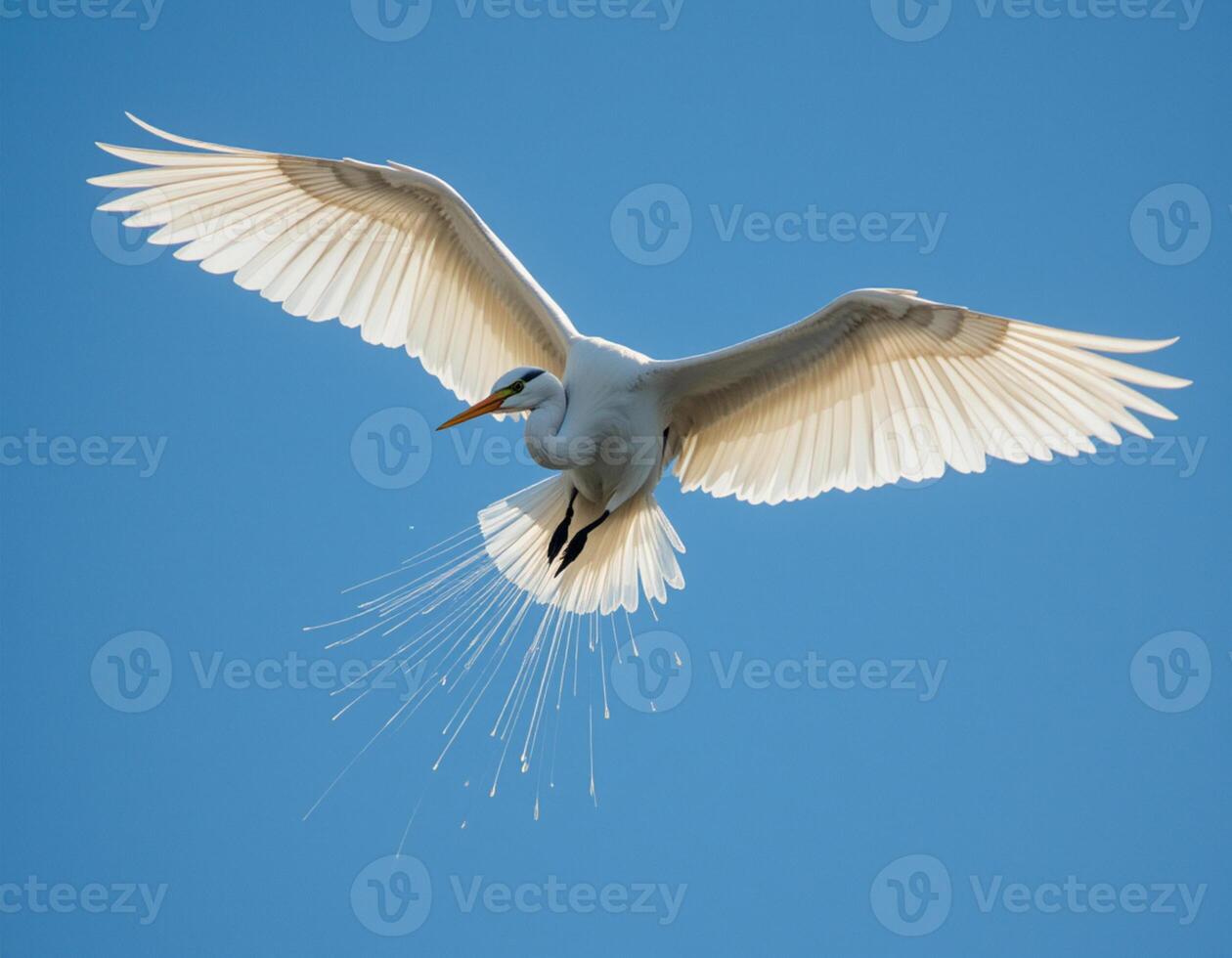Majestic Great Egret in Flight Against a Clear Blue Sky photo