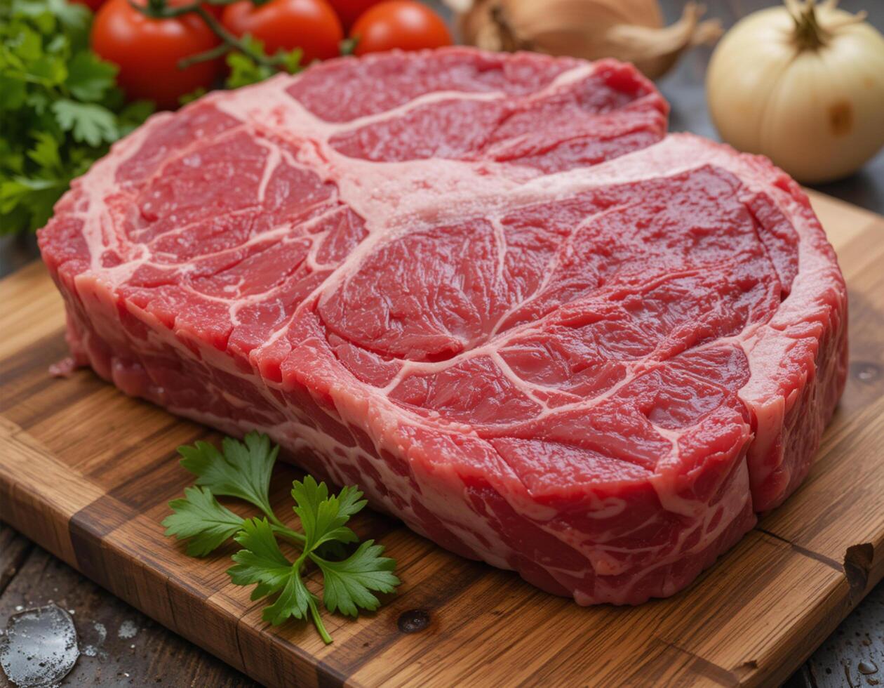 Close-up of a large, raw beef steak resting on a light brown wooden cutting board. photo