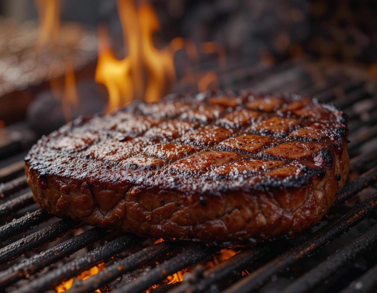Close-up of a juicy steak sizzling on a charcoal grill. photo