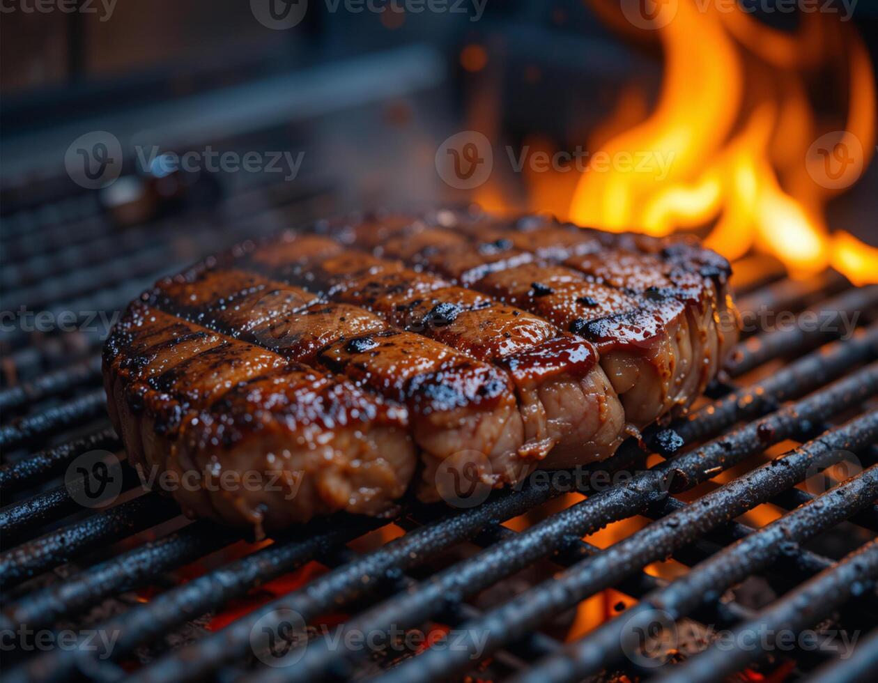 Perfectly Seared Steak Grilling on Hot Charcoal Grill photo