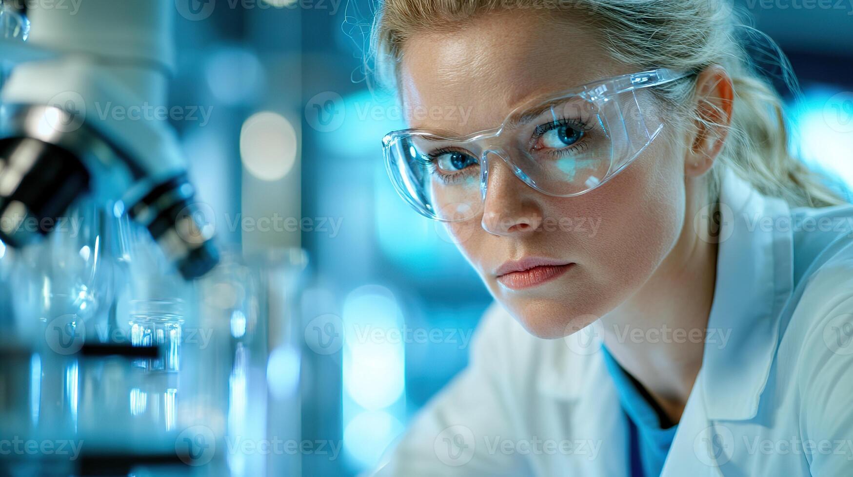 Focused female scientist examining samples in a laboratory setting. photo