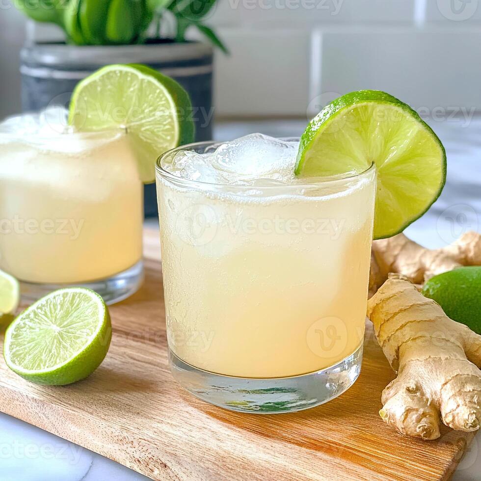 Refreshing ginger lime spritzer mocktail served in a stylish glass with lime garnish. photo