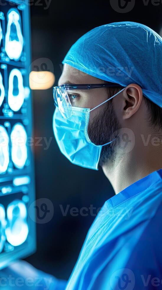 Radiologist examining MRI scans on a backlit monitor in a medical facility. photo