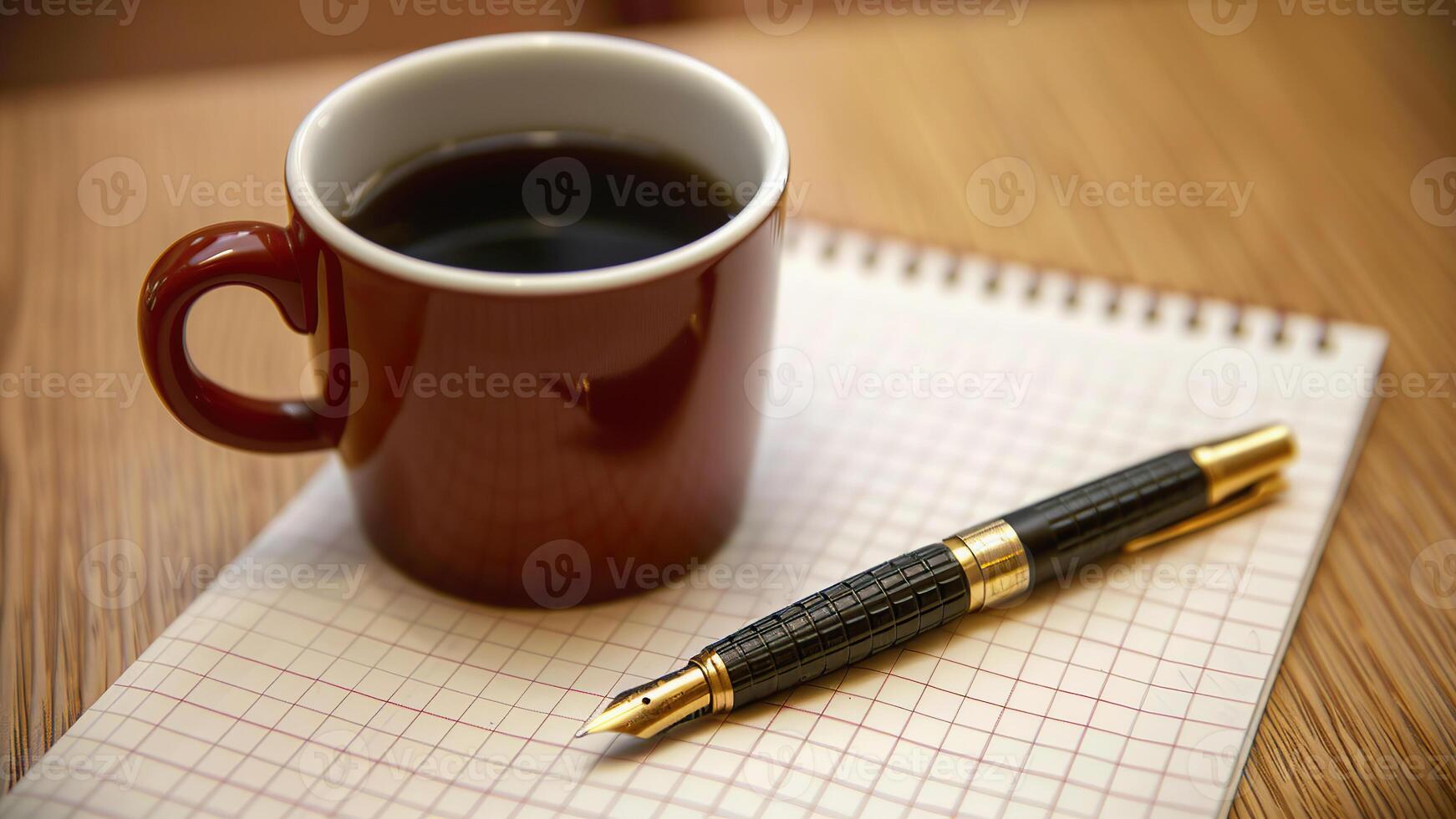 Elegant fountain pen with blank paper and coffee on wooden desk. photo