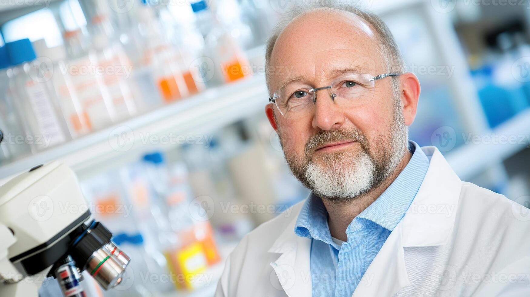 Scientist examining samples with microscope in laboratory setting during daylight hours. photo