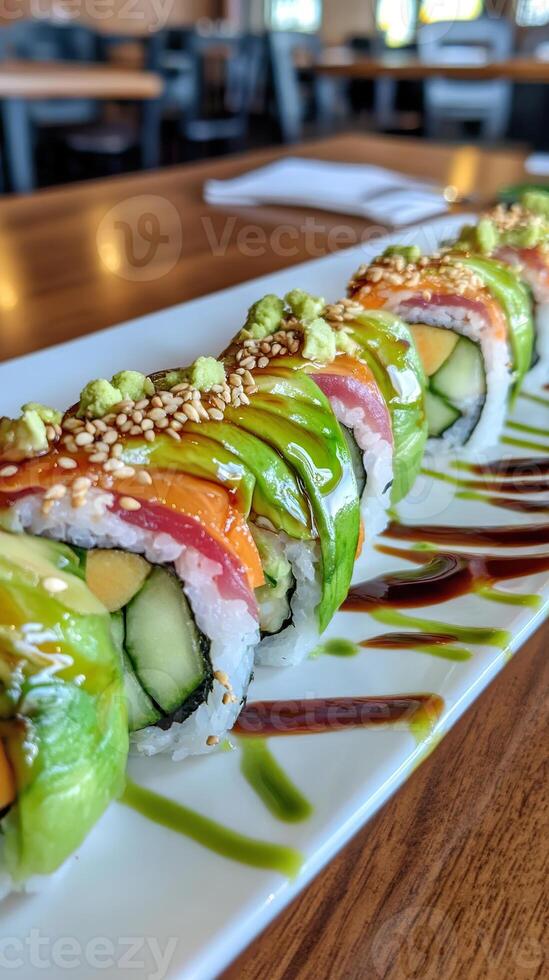 sushi rolls with spring veggies, served with soy sauce and wasabi. photo