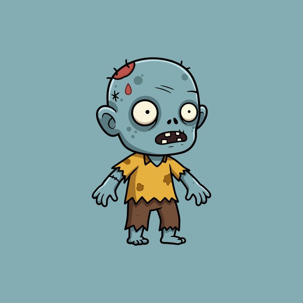 The image depicts a cute cartoon drawing of a small zombie child with a surprised expression. vector