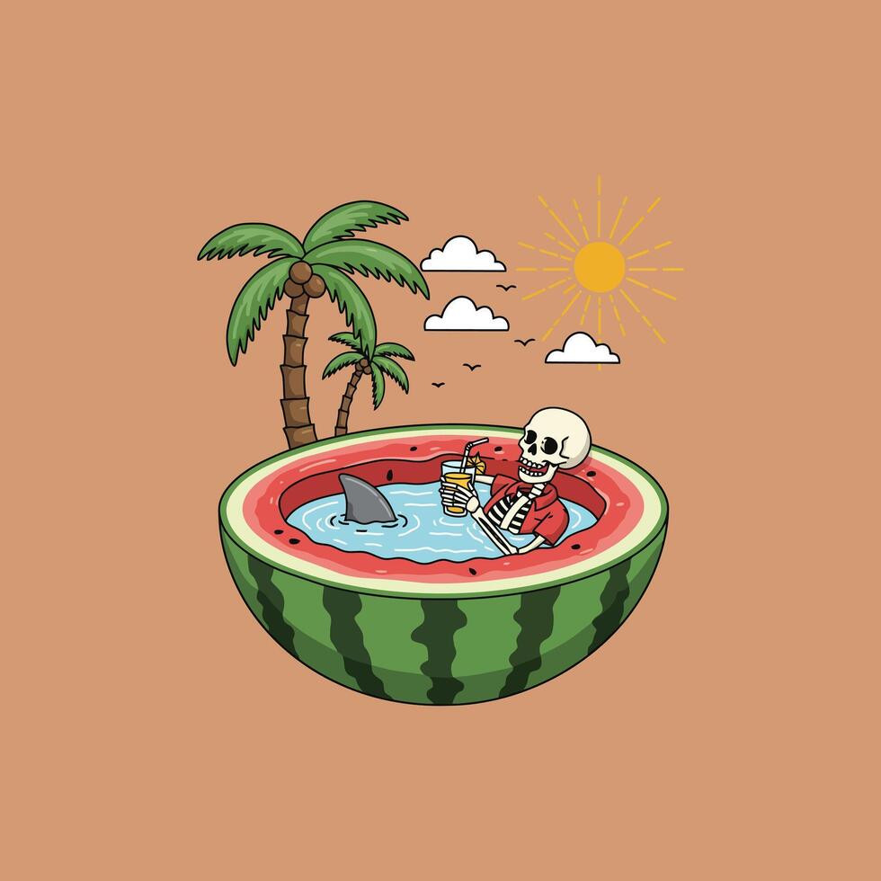 A cartoon skeleton relaxes in a watermelon pool with a shark fin visible, enjoying a refreshing beverage under a tropical sun. vector