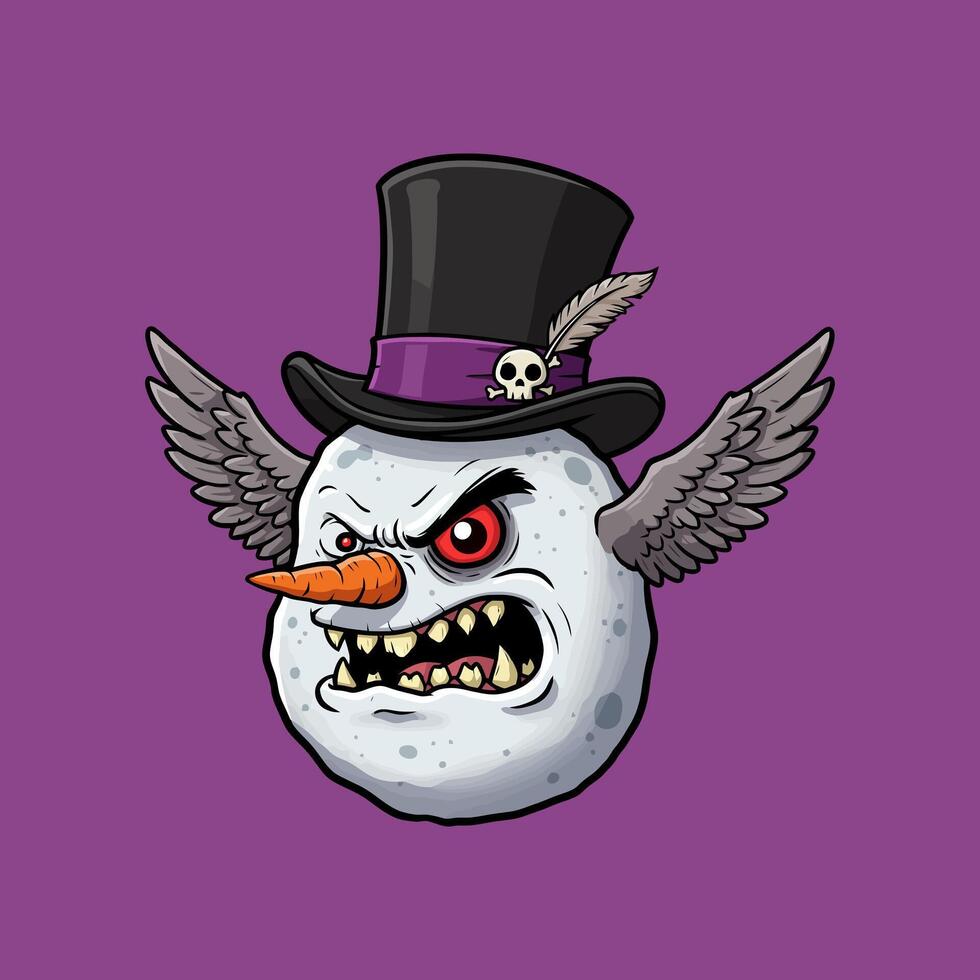 An illustration of a cartoon snowman with wings, a top hat, and a fierce angry expression. vector