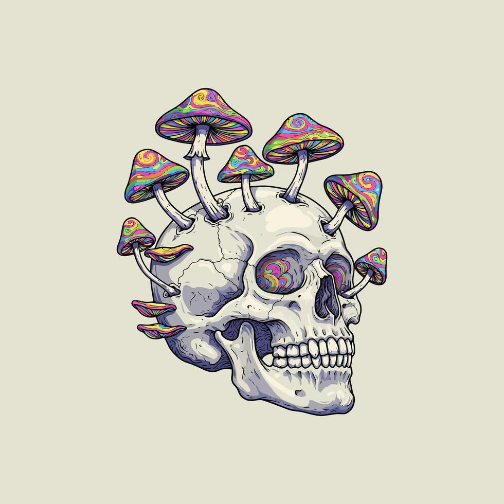 A stylized illustration depicts a human skull with brightly colored psychedelic mushrooms sprouting from its top and eye sockets. vector