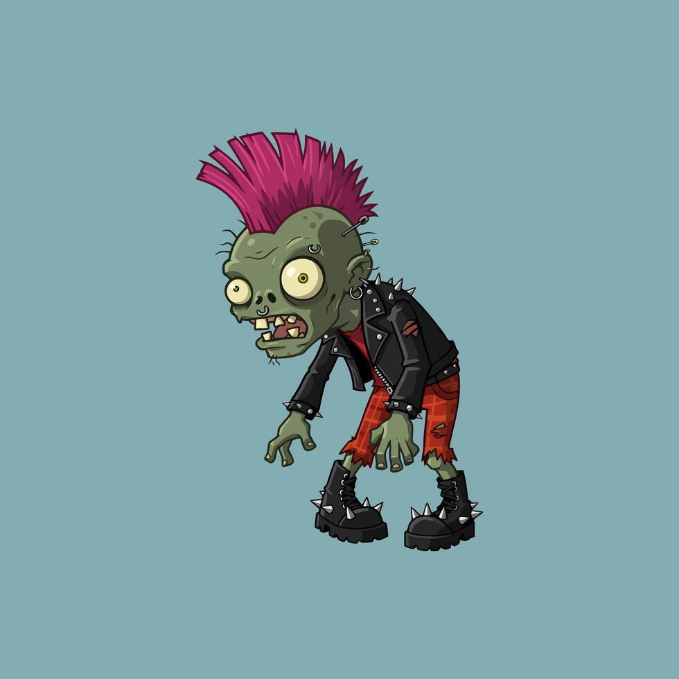The image shows a cartoon illustration of a green punk zombie with a pink mohawk, wearing a leather jacket and studded boots. vector